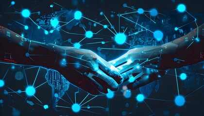 Futuristic Global Workforce Collaboration Illustrated through Connecting Hands Against a Digital Network Background in Blue Hues