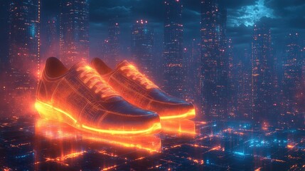 Wall Mural - A pair of glowing sneakers with a futuristic city background.