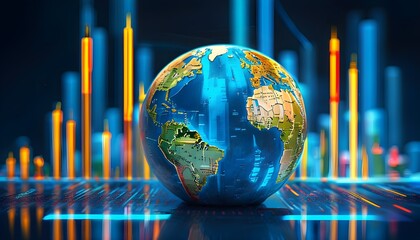 Futuristic financial visualization featuring an abstract globe adorned with currency symbols and bar graphs on a neon blue backdrop