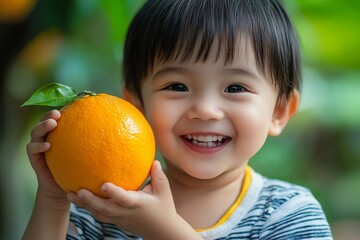 Happy child holding orange, Generative AI