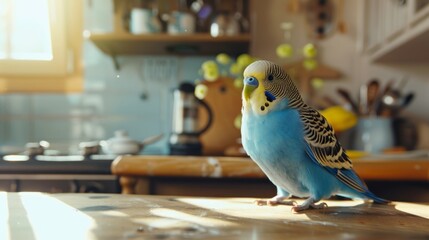 Wall Mural - A blue and yellow parakeet is standing on a wooden table in a kitchen