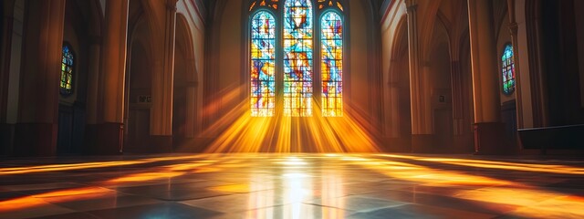 a beautiful stained-glass window in the middle of an empty church, with rays of light streaming thro