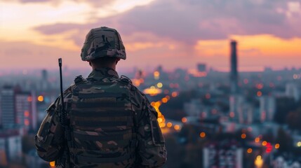 Canvas Print - A soldier stands on a rooftop overlooking a city at sunset