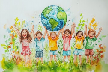 Happy Earth Day, children raise their arms in the air and cheer, Earth Day concept, watercolor illustration. Generative AI