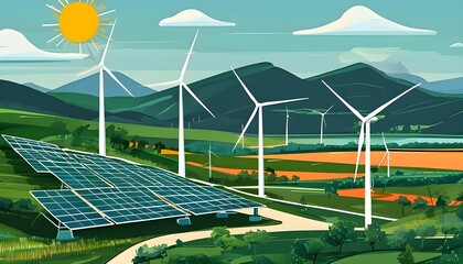 Wall Mural - Innovative Renewable Energy Landscape Featuring Wind Turbines and Solar Panels in Vibrant Flat Design