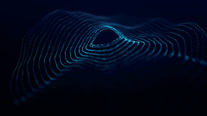 Poster - Abstract background with dynamic wave. Circular wave of dots. Musical sound wave. Dark background. Big data visualization. Plexus. Vector illustration.