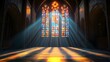© Jakub - A beautiful stained-glass window in the middle of an empty church, with rays of light streaming through it