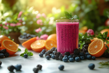 Wall Mural - A glass of juice or smoothie with fruits and vegetables, a fresh orange and pink colored juice in the background of nature and flowers, surrounded by oranges, grapes, blueberries, and blackberries.