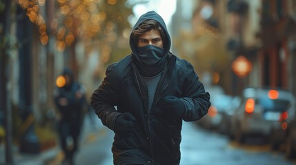 Wall Mural - A man in a black jacket runs down a street with a hood pulled over his head