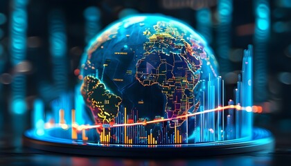 Futuristic Finance: Digital Globe with Bar Graphs, Currency Exchange Rates, and Glowing Neon Lines