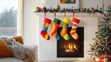 Bright, unconventional Christmas stockings and abstract ornaments, creating a fresh and modern holiday atmosphere in a contemporary living room. Christmas stockings, New Year