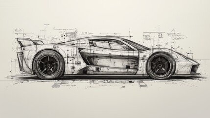 Detailed Technical Sketch of a Modern Sports Car with Aerodynamic Design and Engineering Blueprints