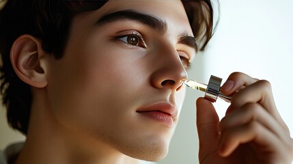 Poster - A young man carefully using a dropper to apply organic face serum, highlighting a morning skincare routine.