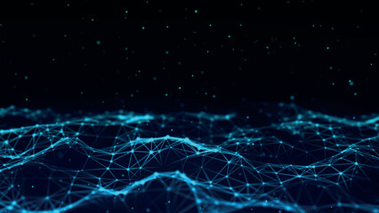 Fototapete - Data technology illustration. Abstract background with a dynamic wave. Dark background. Big data visualization. Plexus. Vector illustration