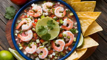 A platter of ceviche with shrimp, lime juice, and mixed vegetables, garnished with cilantro and served with tortilla chips.  