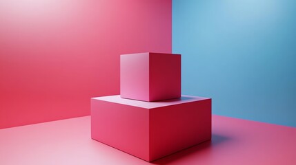 Poster - Pink and blue background with two square platforms for product display.
