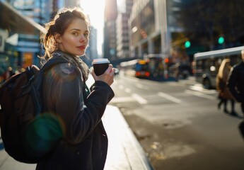 Young woman holding coffee on a busy city street at sunrise