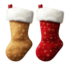 two festive christmas stockings in gold and red with fluffy white cuffs isolated white background