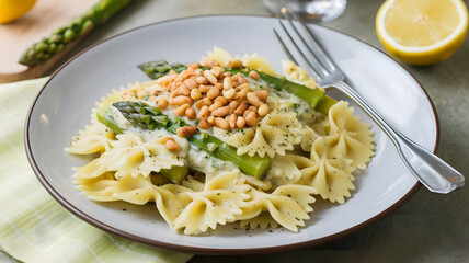 Wall Mural - A serving of farfalle with a lemon and asparagus sauce, finished with a sprinkle of toasted pine nuts and a dash of black pepper.  