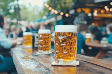 A photo of a beer mug on a wooden table. The concept of the holiday.