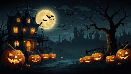 spooky castle illustration with halloween themed pumpkin decoration made by AI generative