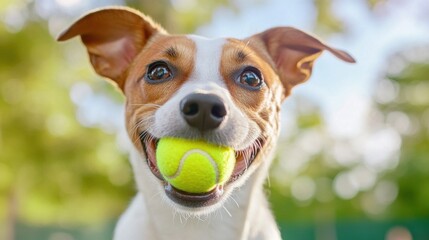 Wall Mural - A dog with a tennis ball in his mouth on the grass, AI