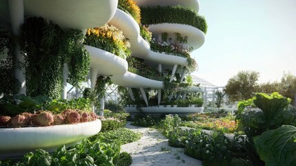 Poster - AI-powered urban farm with crops growing in vertical layers, paired with automated harvesting systems for sustainable food production.