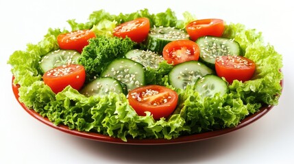 Canvas Print - A healthy vegetable salad with lettuce, tomatoes, cucumber, and sesame seeds, arranged on a plate, perfect for promoting c403