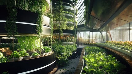 Poster - AI-powered urban farm with crops growing in vertical layers, paired with automated harvesting systems for sustainable food production.