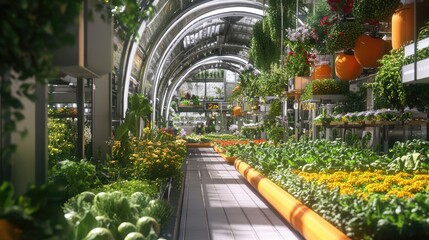 Poster - AI-powered urban farm with crops growing under advanced technology and automated harvesting, emphasizing sustainability in a smart city.