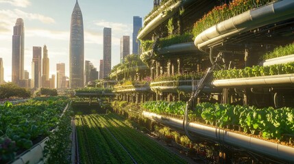 Poster - AI-powered urban farm with crops growing under advanced technology and automated harvesting, emphasizing sustainability in a smart city.