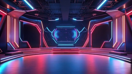 Poster - A futuristic stage setup with high-tech design elements, perfect for digital presentations or virtual environments.
