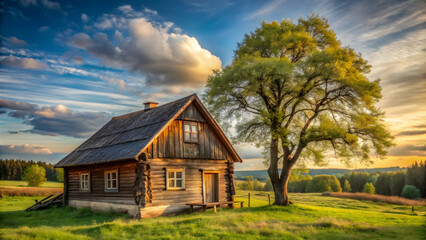 Weathered wooden cottage bathed in golden light of a setting sun. Idyllic rural scene featuring a quaint log cabin and a majestic tree.