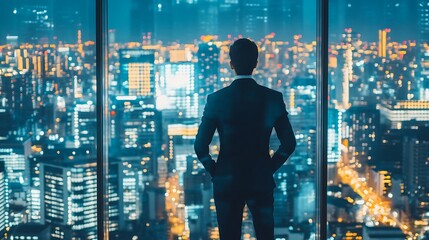 Poster - A business executive in a high-rise office overlooking a cityscape at dusk