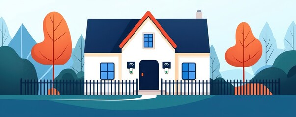 Illustration of a smart home with a perimeter fence and sensors that detect unusual activity, enhancing overall security