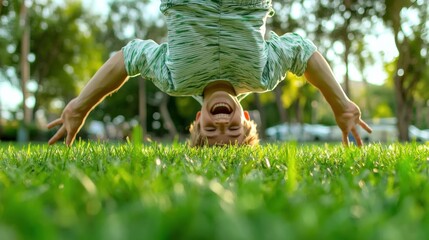 Poster - A man doing a handstand in the grass with his head above, AI