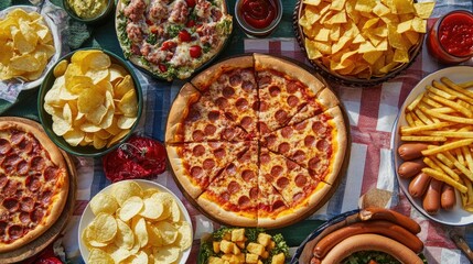 Wall Mural - Assorted processed comfort foods, including pizza, fries, hot dogs, and chips, arranged for casual dining