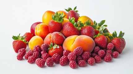 Assorted ripe strawberries, nectarines, and berries, beautifully arranged on a white background for healthy eating, summer snacks