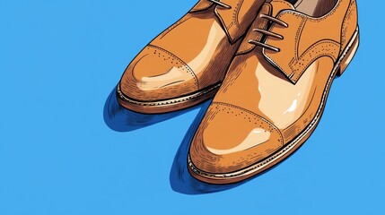 A pair of brown leather oxford shoes with laces on a bright blue background.