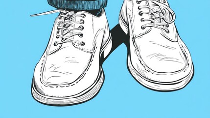 Wall Mural - A pair of white leather shoes with laces, drawn in black and white, on a blue background.