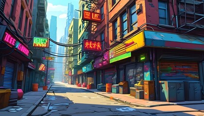 Wall Mural - Neon-lit cyberpunk city streets bustling with cartoon characters and futuristic elements