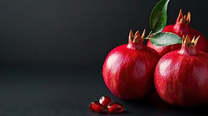 Poster - Bright red pomegranate fruit, isolated on a dark background, perfect for healthy eating, nutrition recipes, and cooking ads