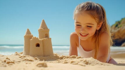 Poster - A little girl laying on the beach with a sand castle, AI