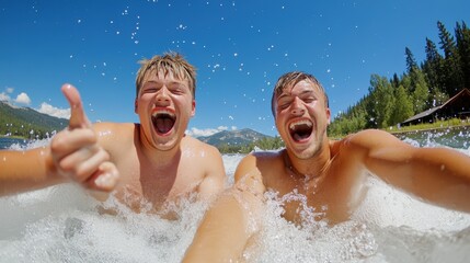 Poster - Two men in a boat with one giving the thumbs up, AI