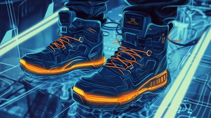 Wall Mural - Futuristic, blue and orange, high-top,  light-up,  shoes with  glowing  laces.