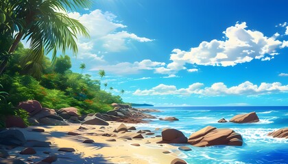 Vibrant Cartoon Beach Scene with Lush Tropics, Rocky Shoreline, and Sparkling Blue Ocean Under Bright Sunshine