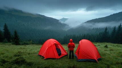 Canvas Print - A man in red jacket standing next to two tents on a hillside, AI