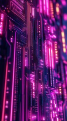 Poster - Glowing circuit board with neon lights, abstract technology design