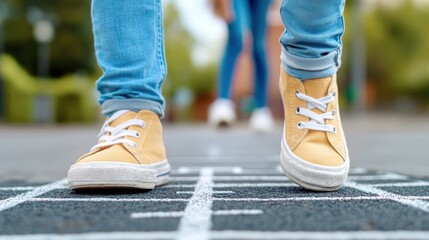 Poster - A person's feet are on a track with yellow shoes, AI