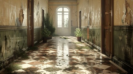 Poster - Abandoned Hallway with Overgrown Plants - A Glimpse into a Forgotten Past